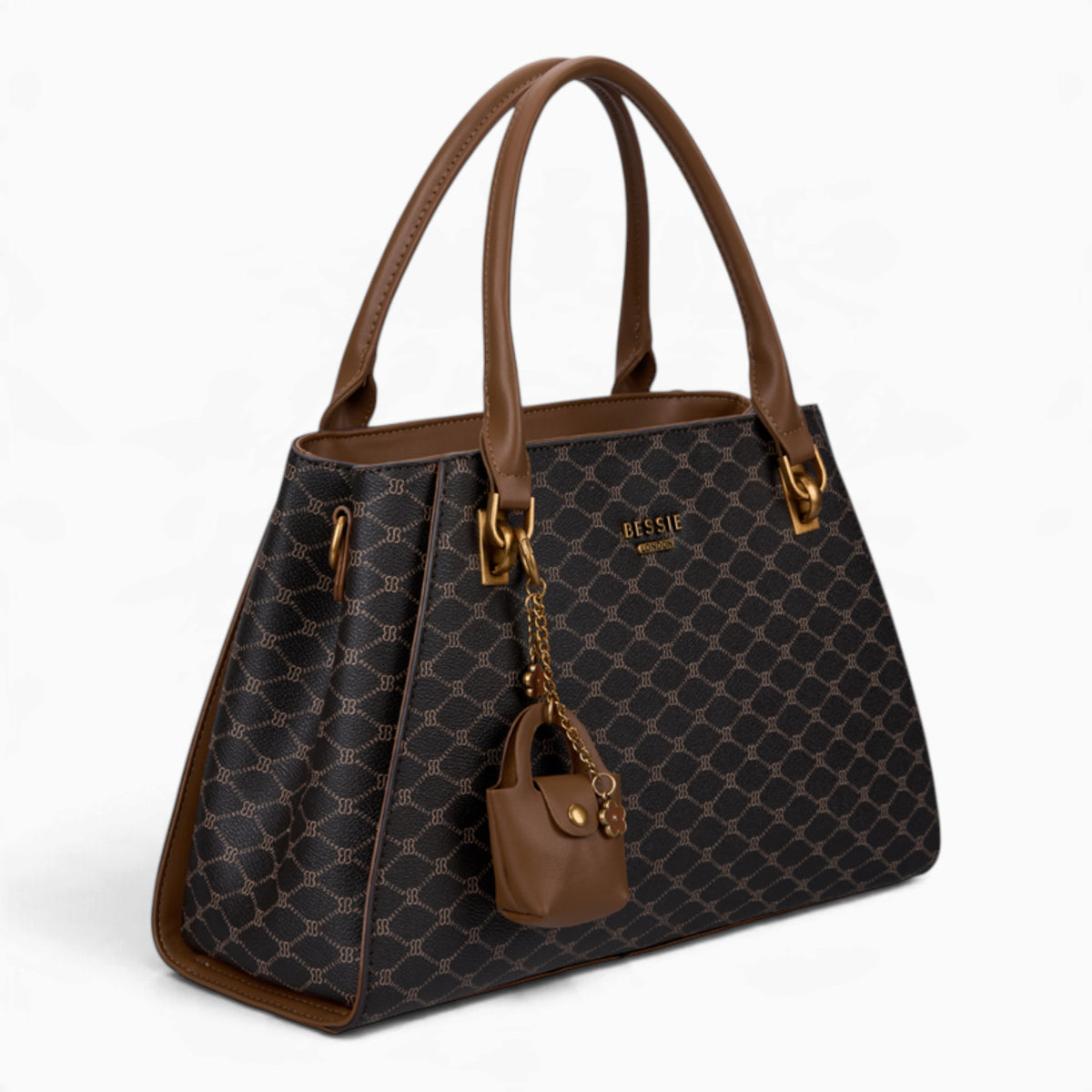 Coffee sculpted monogram tote bag, angled view showing the sculpted shape and charm