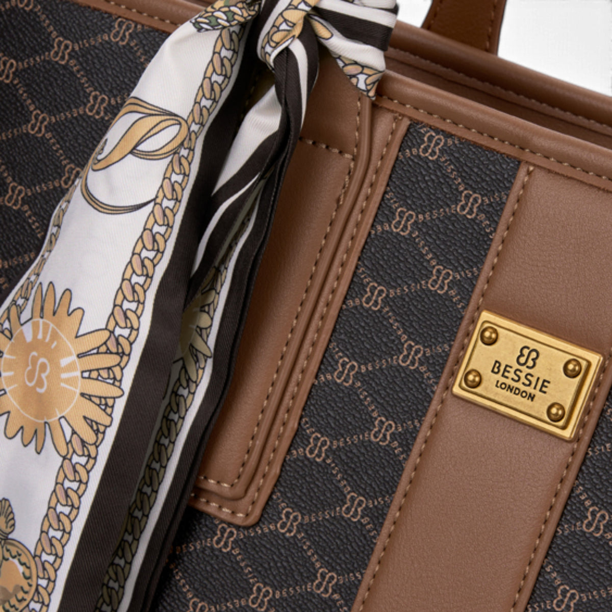 Coffee monogram shopper bag, close-up of the monogram print and scarf