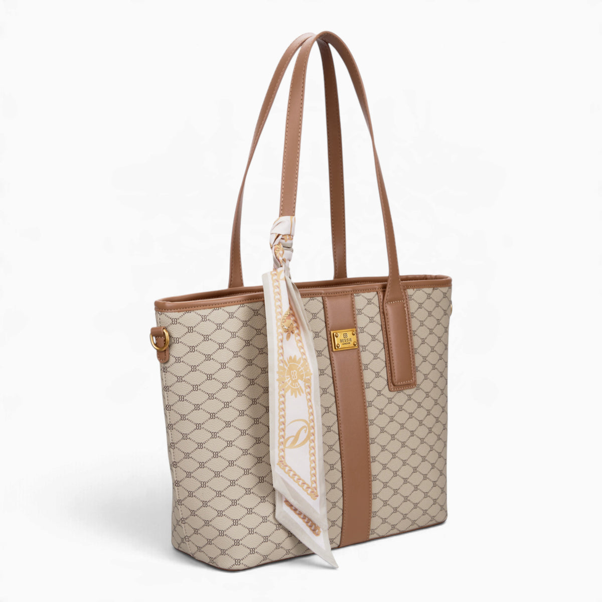 Khaki monogram shopper bag, angled view showing the monogram print and scarf