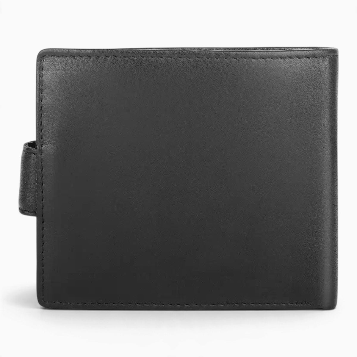 Black leather RFID trifold wallet from the back, showing the smooth leather back