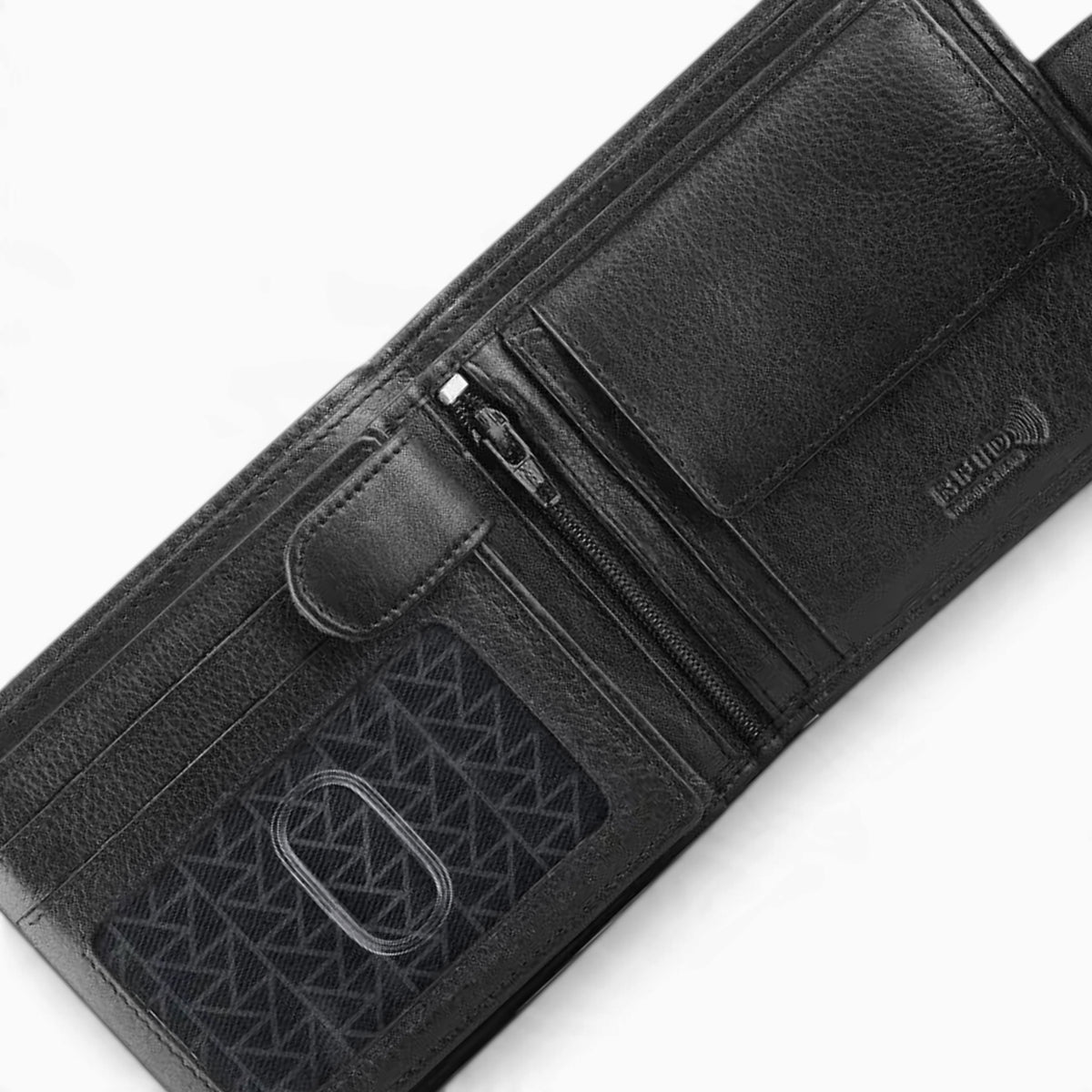 Black leather RFID trifold wallet opened from above to show the card slots, ID windows and note section