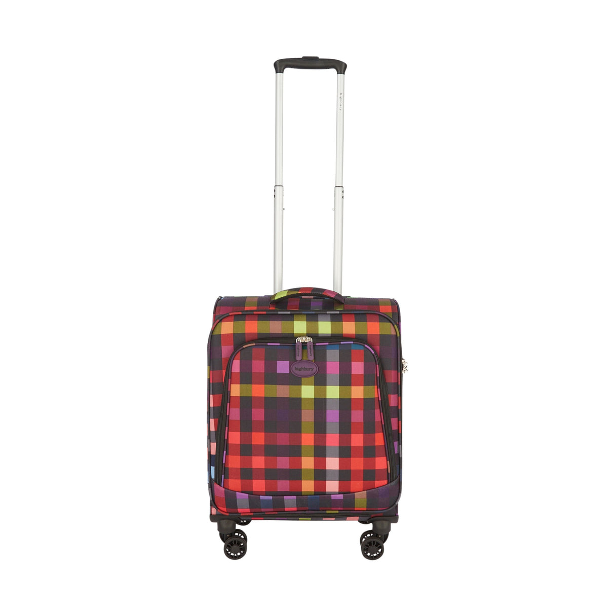 Multicolored checkered suitcase on a white background