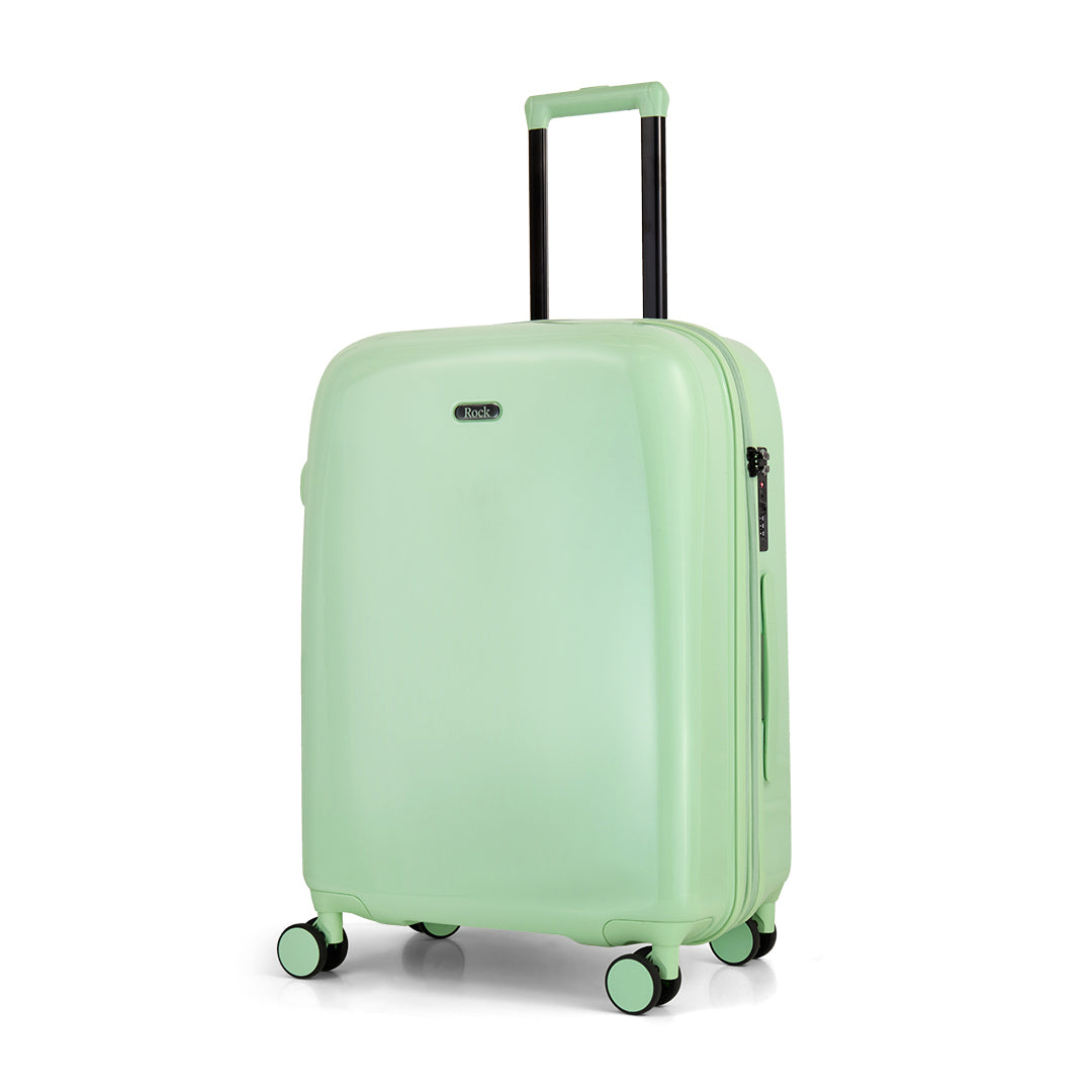 Pistachio Gelato medium suitcase, angled view showing the hard shell and carry handles