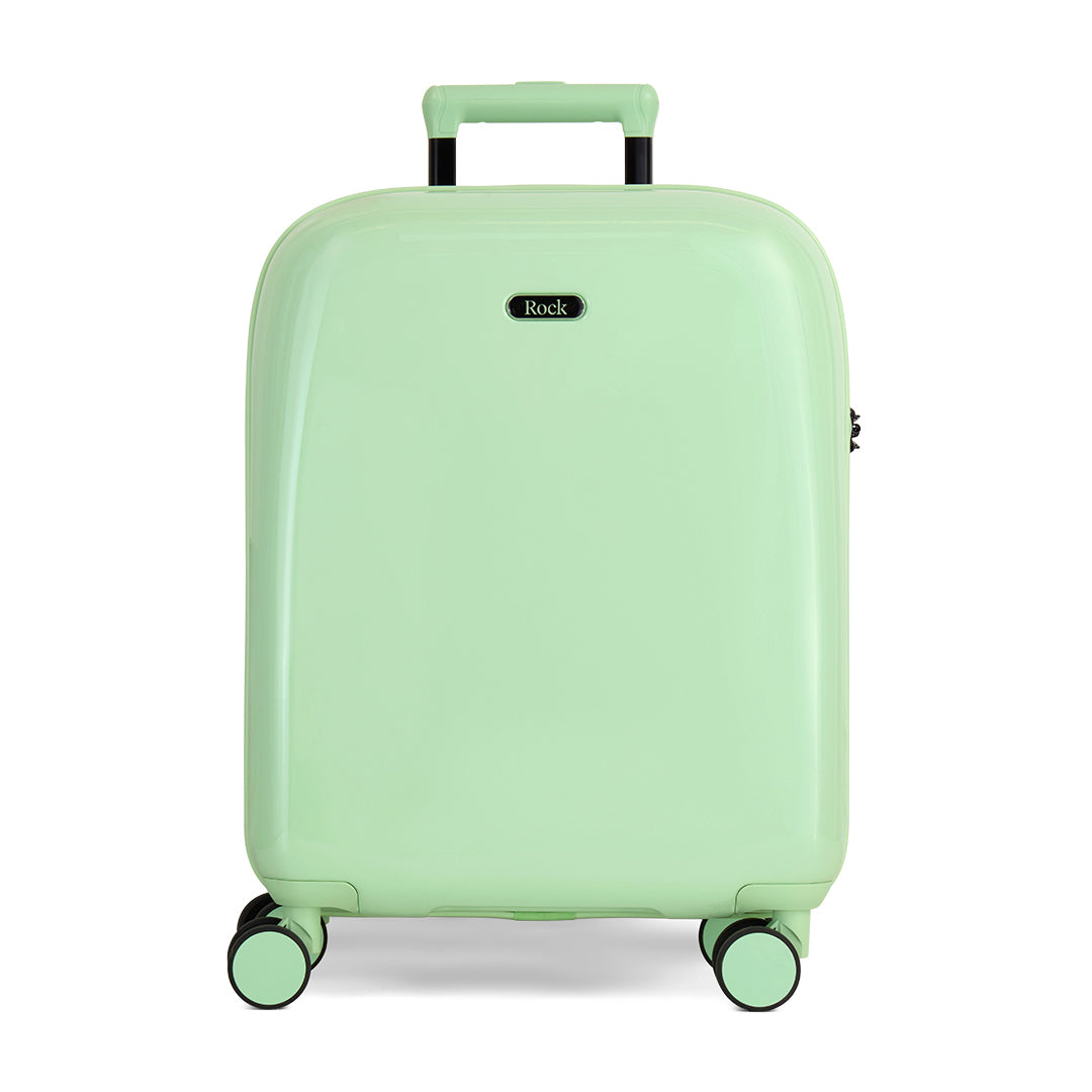 Pistachio Gelato cabin suitcase with a smooth hard shell and 8 double spinner wheels