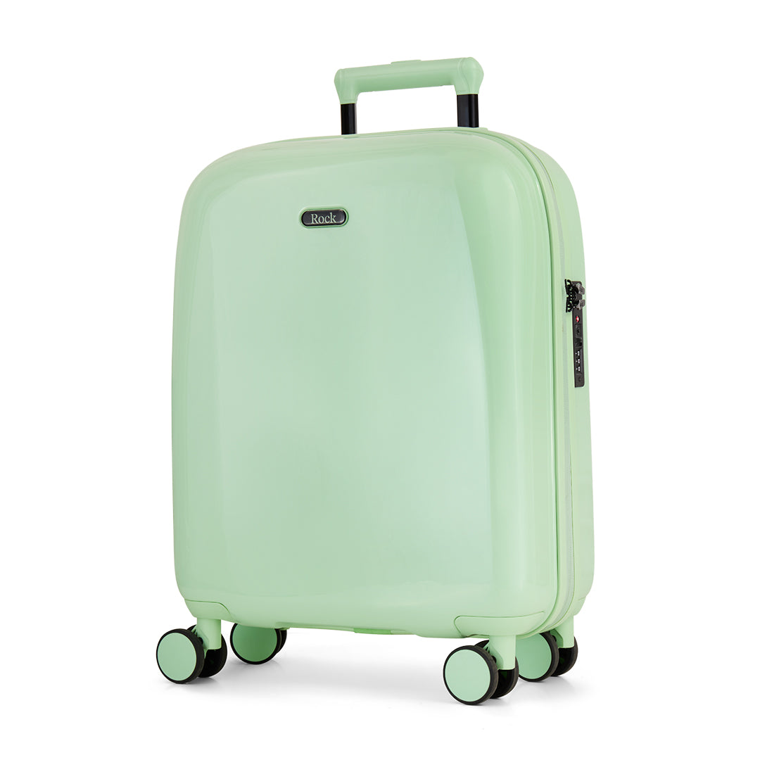 Pistachio Gelato cabin suitcase, angled view showing the hard shell and carry handles