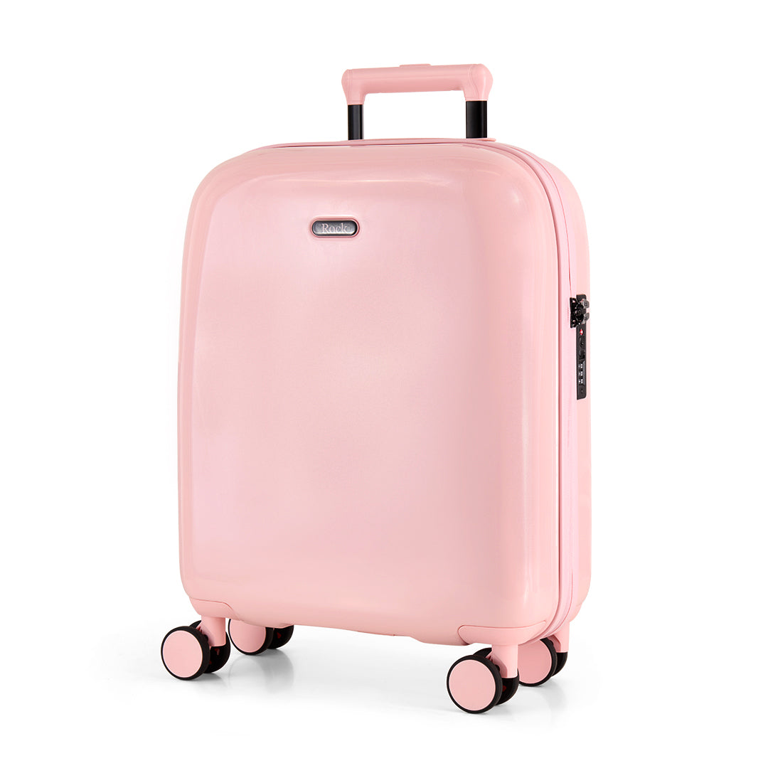 Strawberry Gelato cabin suitcase, angled view showing the hard shell and carry handles