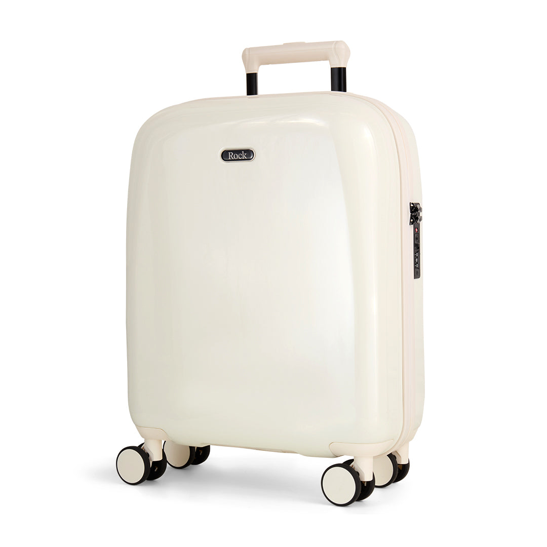 Vanilla Gelato cabin suitcase, angled view showing the hard shell and carry handles