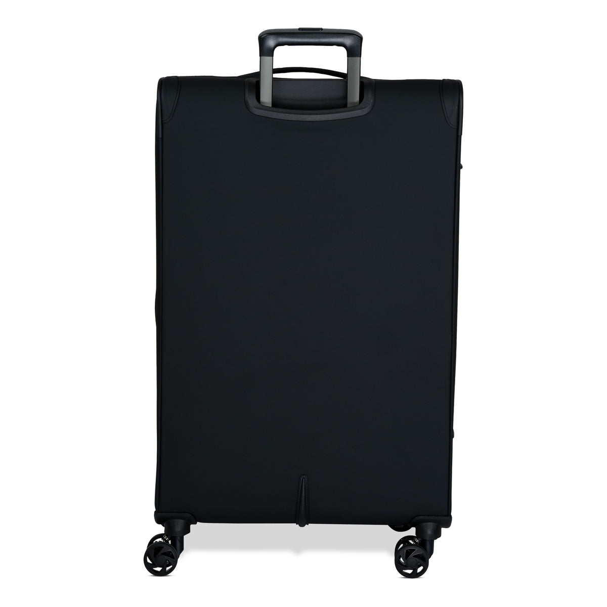 Black Vitality soft shell large suitcase from the back, showing the back panel and trolley handle