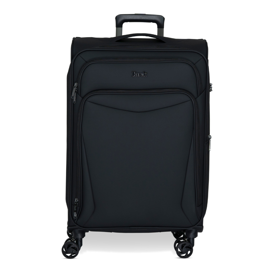 Black Vitality soft shell medium suitcase with a zipped front pocket and 8 spinner wheels