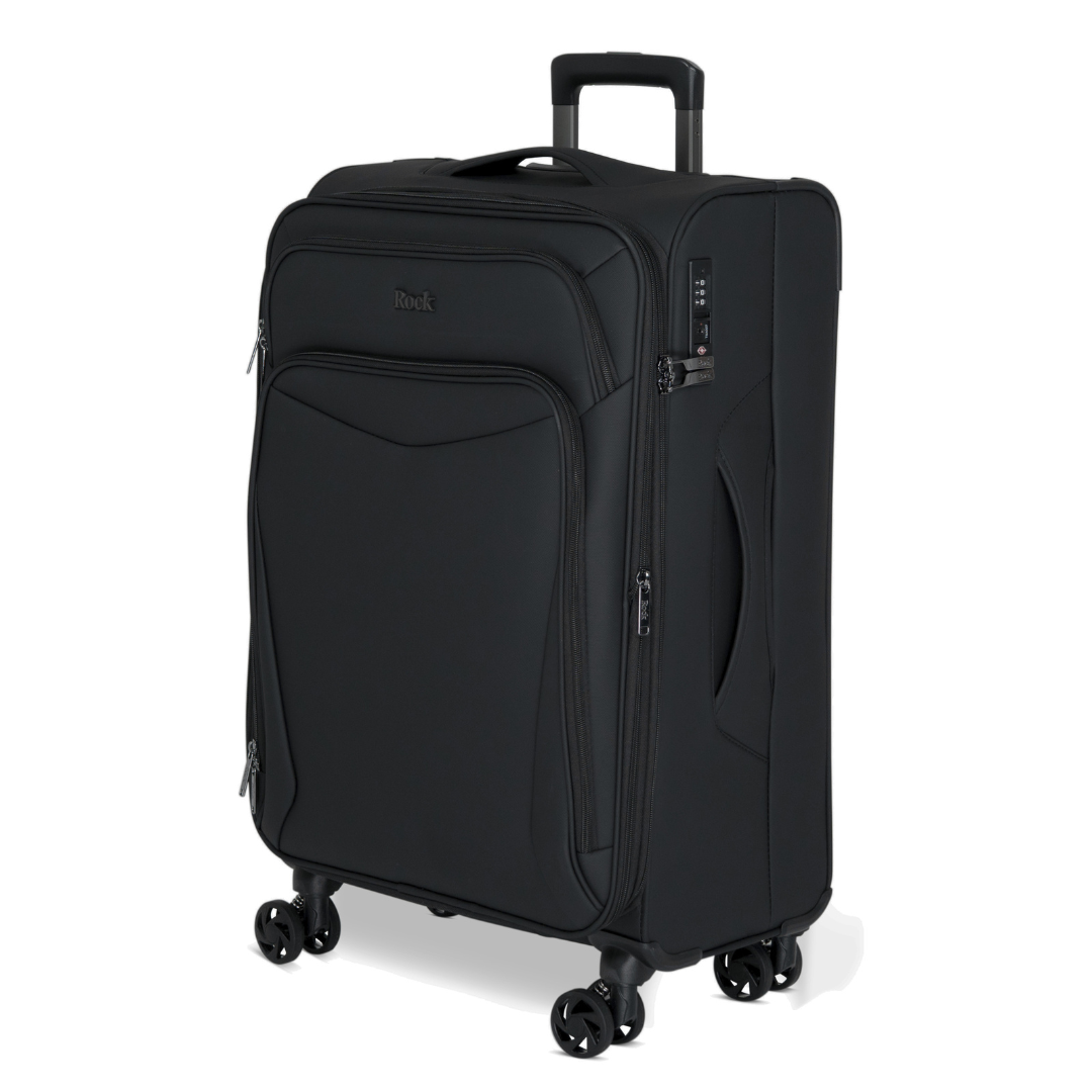 Black Vitality soft shell medium suitcase, angled view showing the front pocket and trolley handle