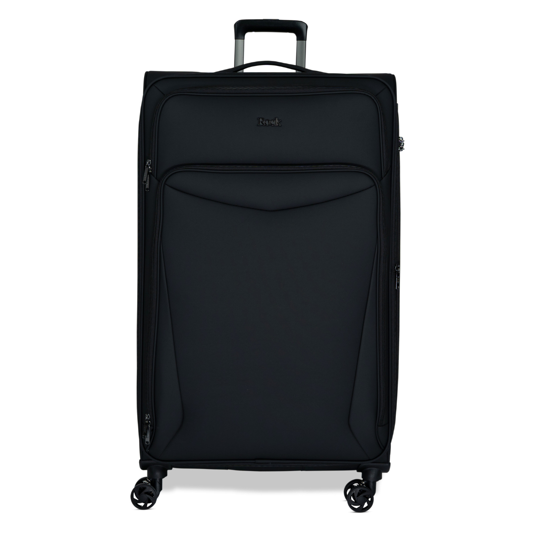 Black Vitality soft shell extra large suitcase with a zipped front pocket and 8 spinner wheels