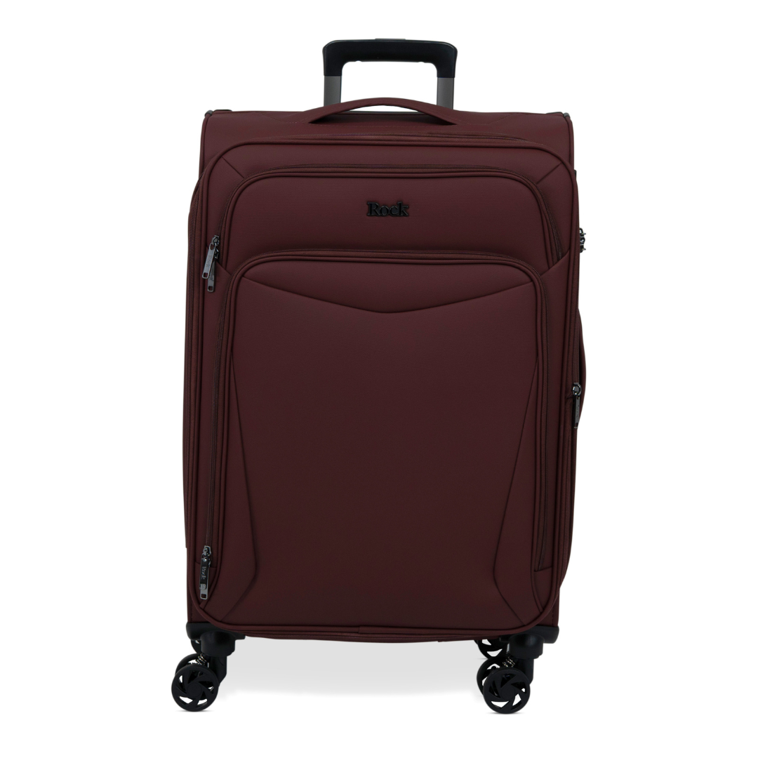 Burgundy Vitality soft shell medium suitcase with a zipped front pocket and 8 spinner wheels