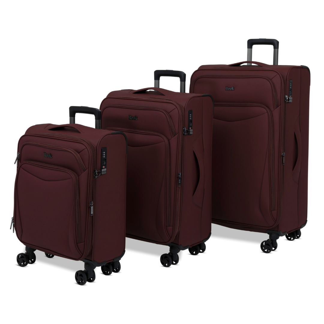 Burgundy Vitality soft shell suitcase set: cabin, medium and large cases standing together