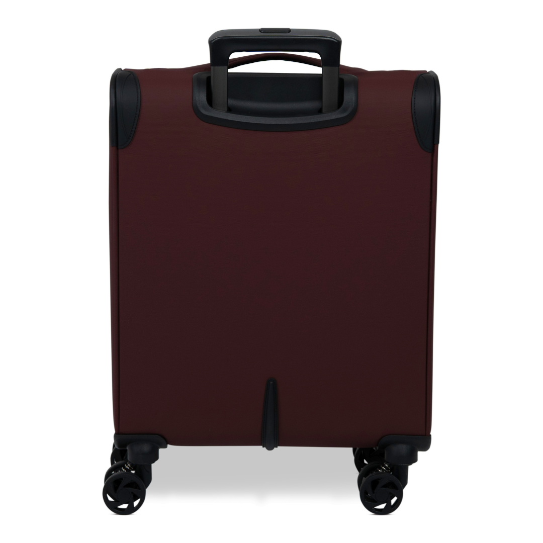 Burgundy Vitality soft shell cabin suitcase from the back, showing the back panel and trolley handle