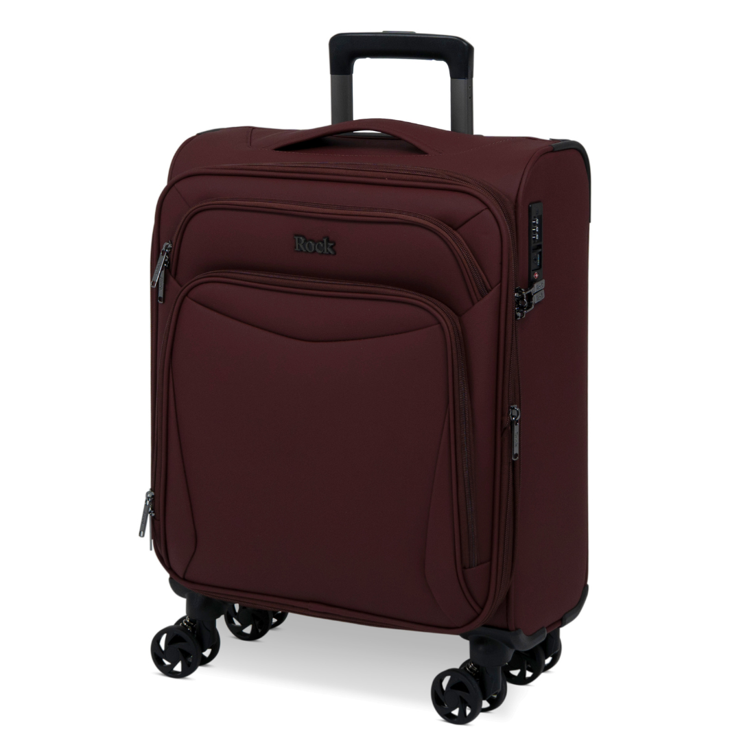 Burgundy Vitality soft shell cabin suitcase, angled view showing the front pocket and trolley handle