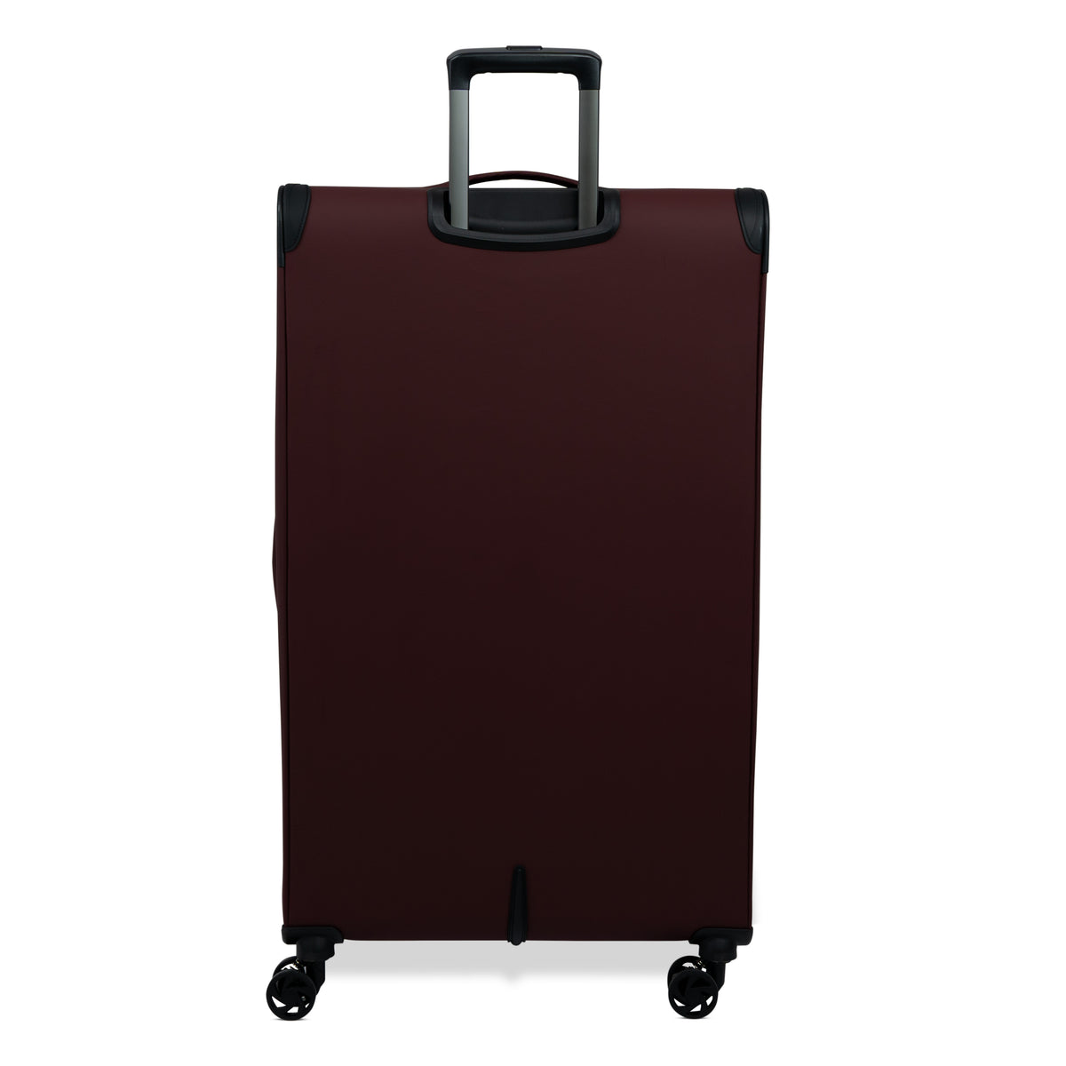 Burgundy Vitality soft shell extra large suitcase from the back, showing the back panel and trolley handle