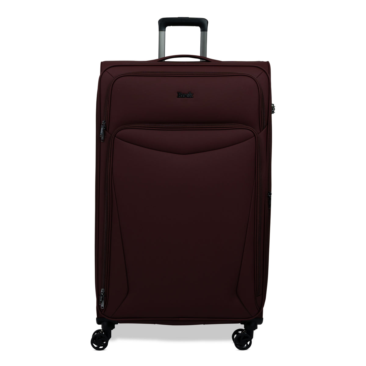 Burgundy Vitality soft shell extra large suitcase with a zipped front pocket and 8 spinner wheels