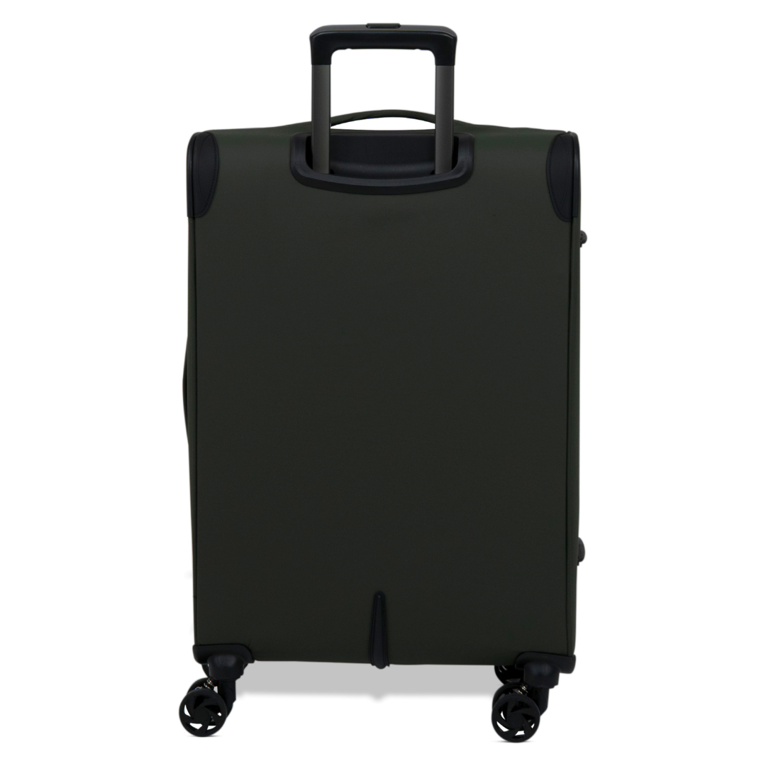 Khaki Vitality soft shell medium suitcase from the back, showing the back panel and trolley handle