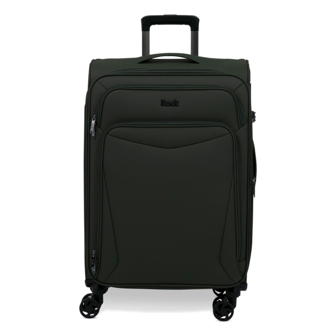 Khaki Vitality soft shell medium suitcase with a zipped front pocket and 8 spinner wheels