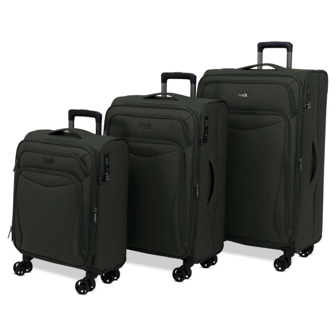 Khaki Vitality soft shell suitcase set: cabin, medium and large cases standing together