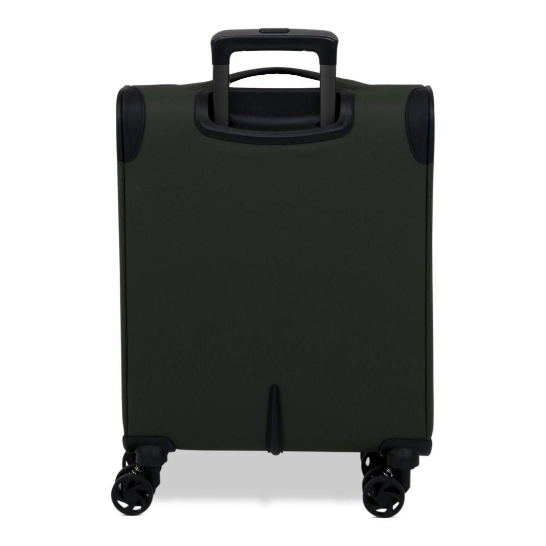 Khaki Vitality soft shell cabin suitcase from the back, showing the back panel and trolley handle