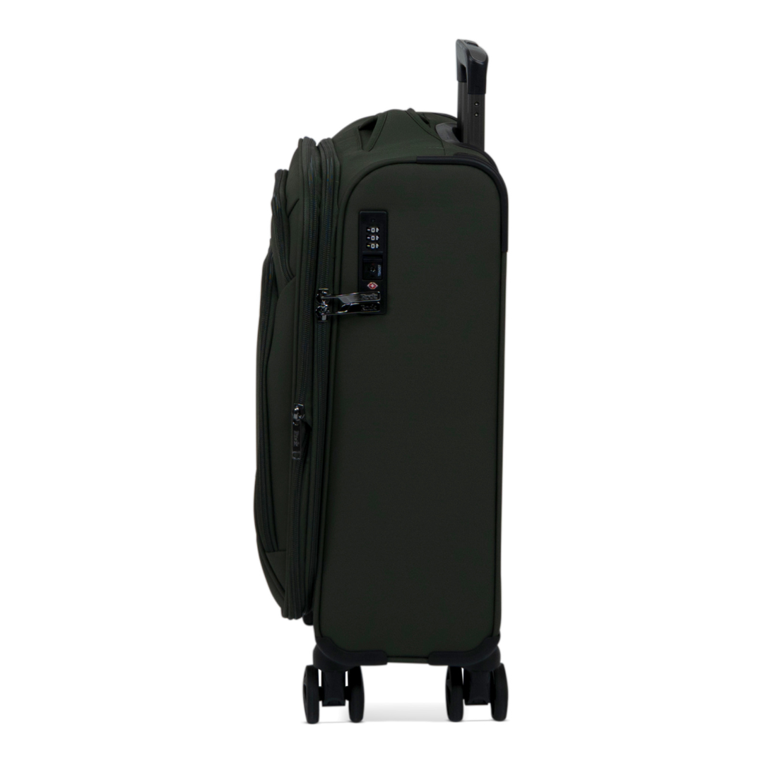 Khaki Vitality soft shell cabin suitcase, side view showing the expansion zip and side handle