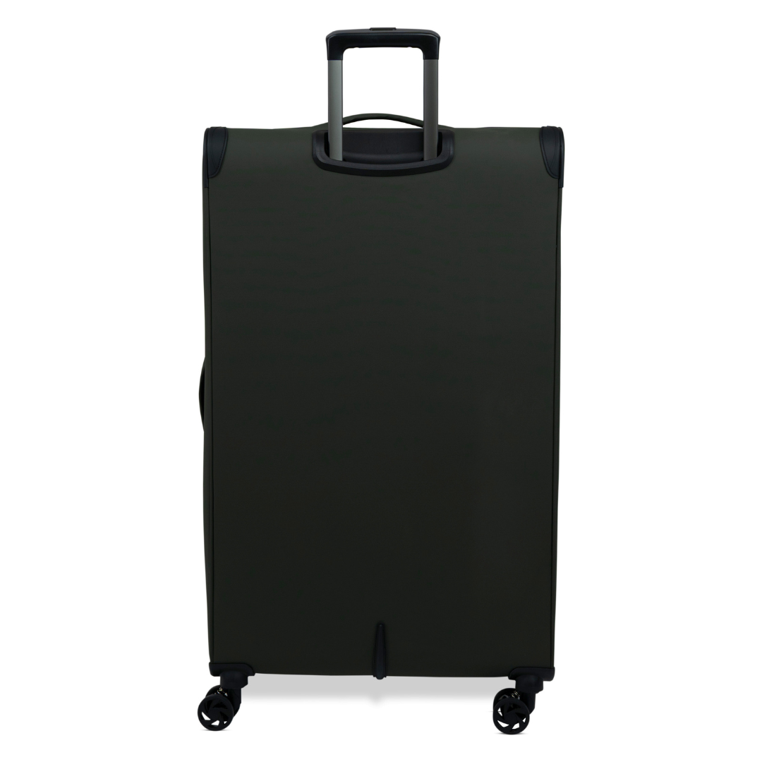 Khaki Vitality soft shell extra large suitcase from the back, showing the back panel and trolley handle