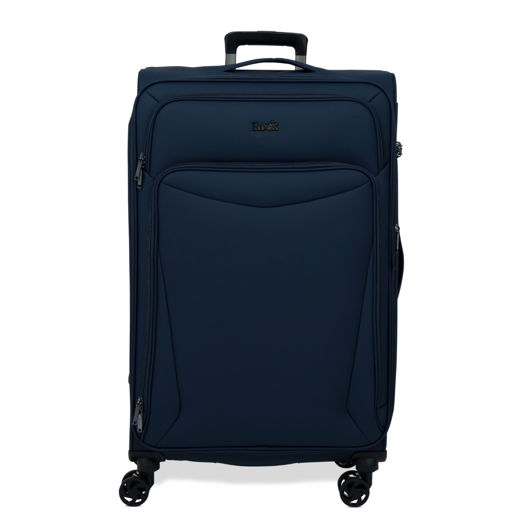 Navy Vitality soft shell large suitcase with a zipped front pocket and 8 spinner wheels