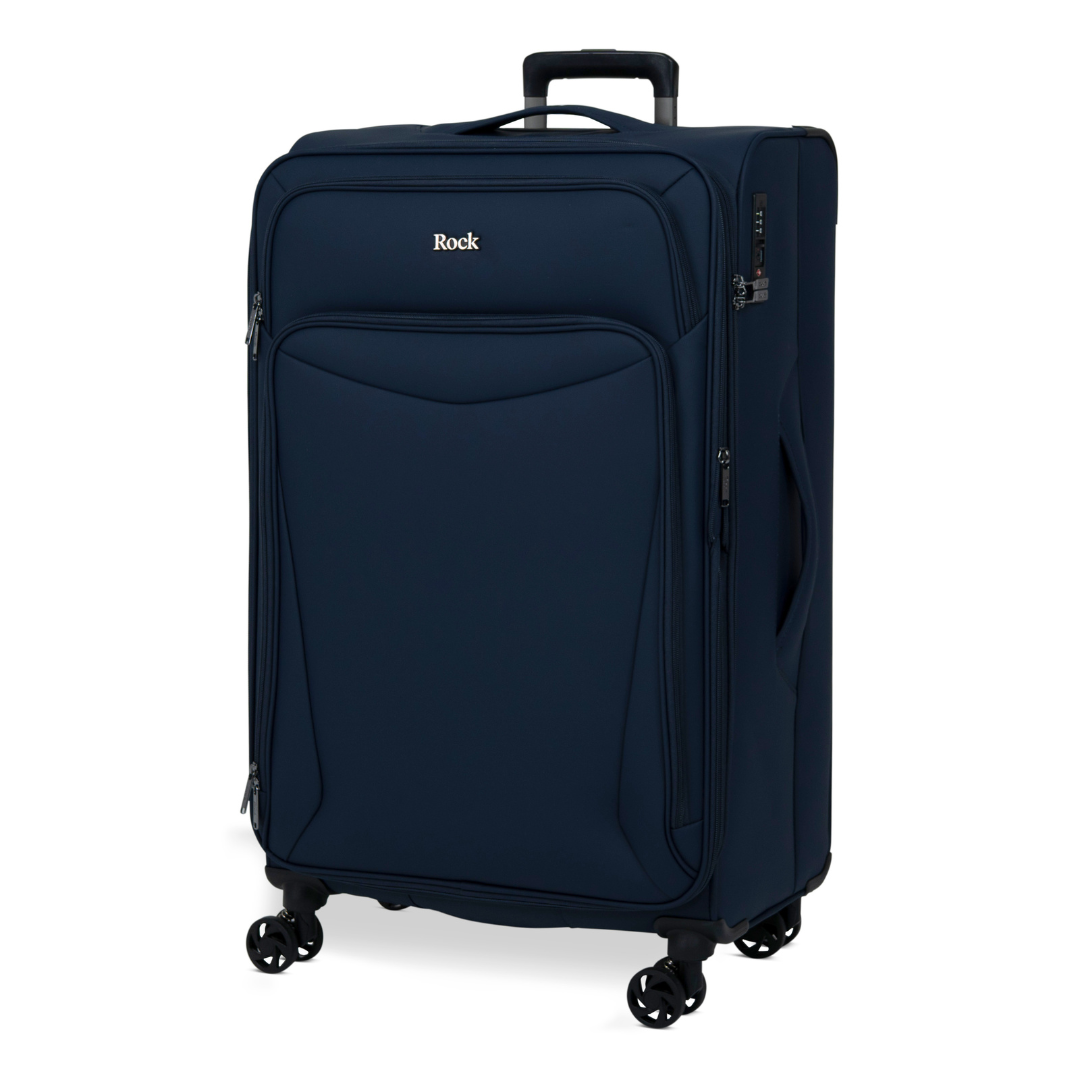 Navy Vitality soft shell large suitcase, angled view showing the front pocket and trolley handle