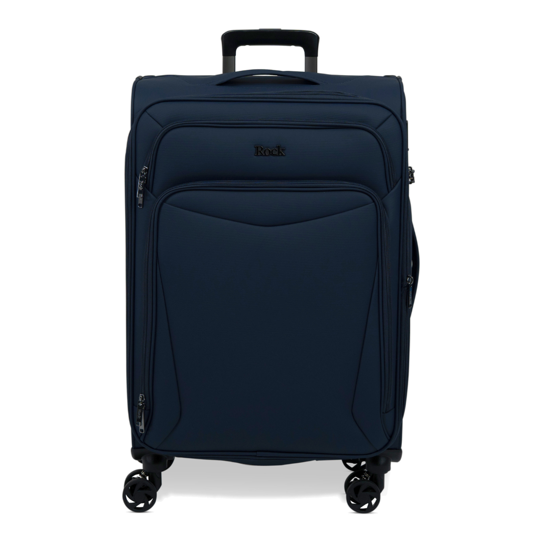Navy Vitality soft shell medium suitcase with a zipped front pocket and 8 spinner wheels