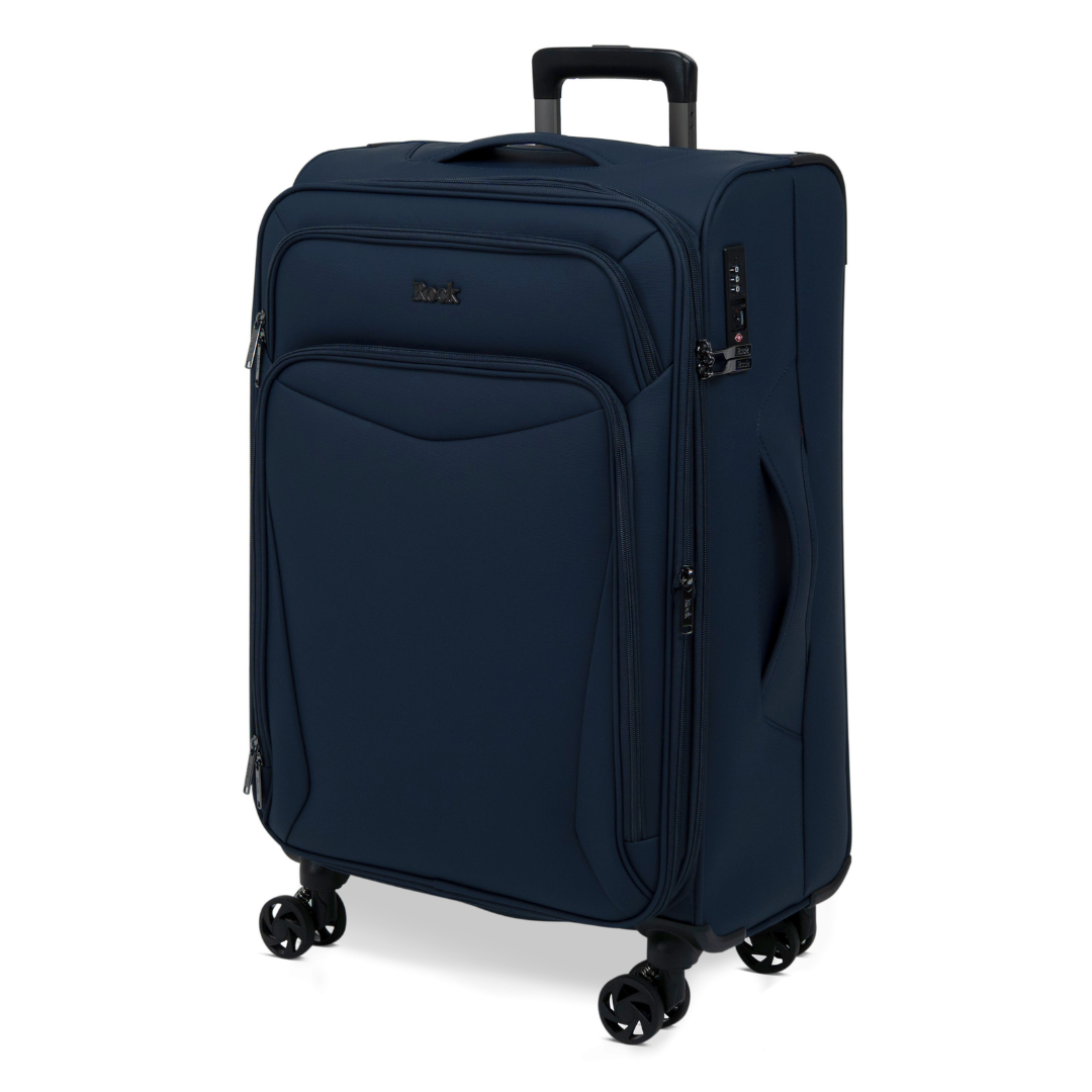 Navy Vitality soft shell medium suitcase, angled view showing the front pocket and trolley handle