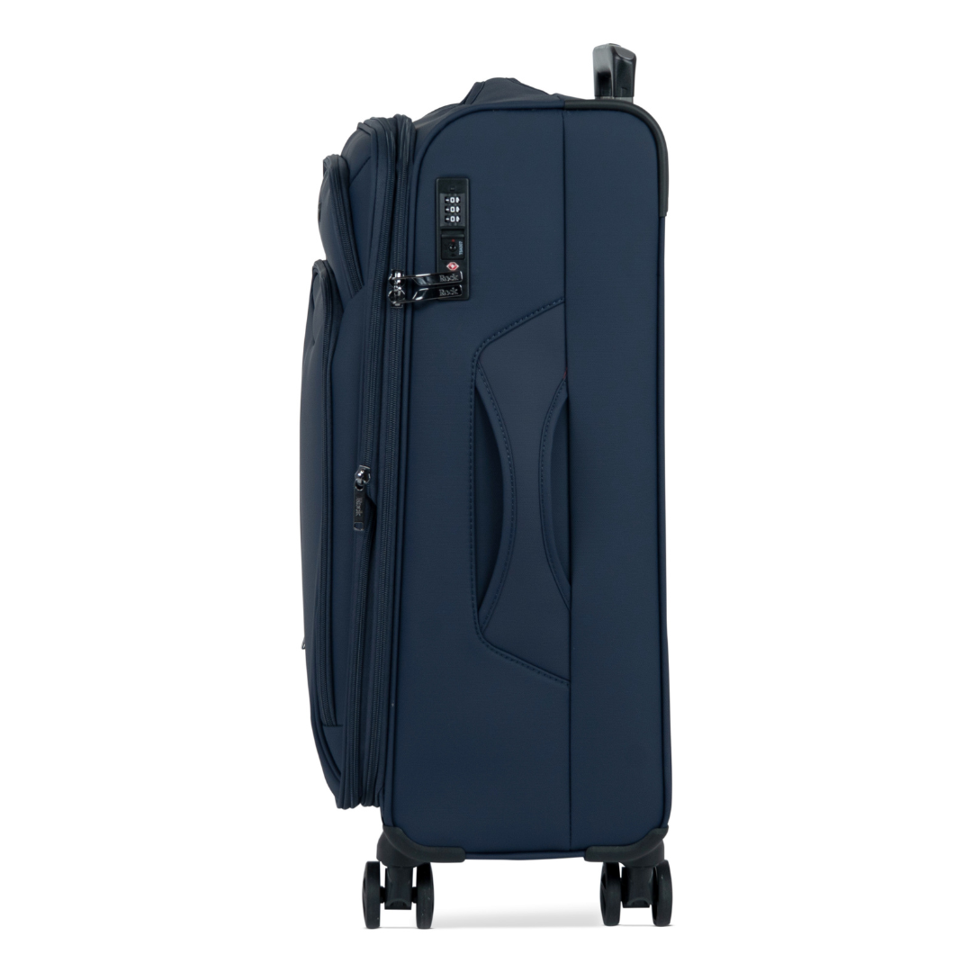 Navy Vitality soft shell medium suitcase, side view showing the expansion zip and side handle