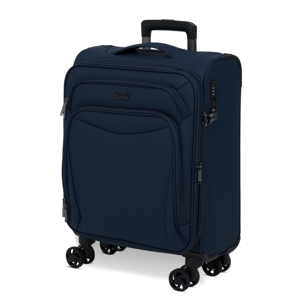 Navy Vitality soft shell cabin suitcase, angled view showing the front pocket and trolley handle