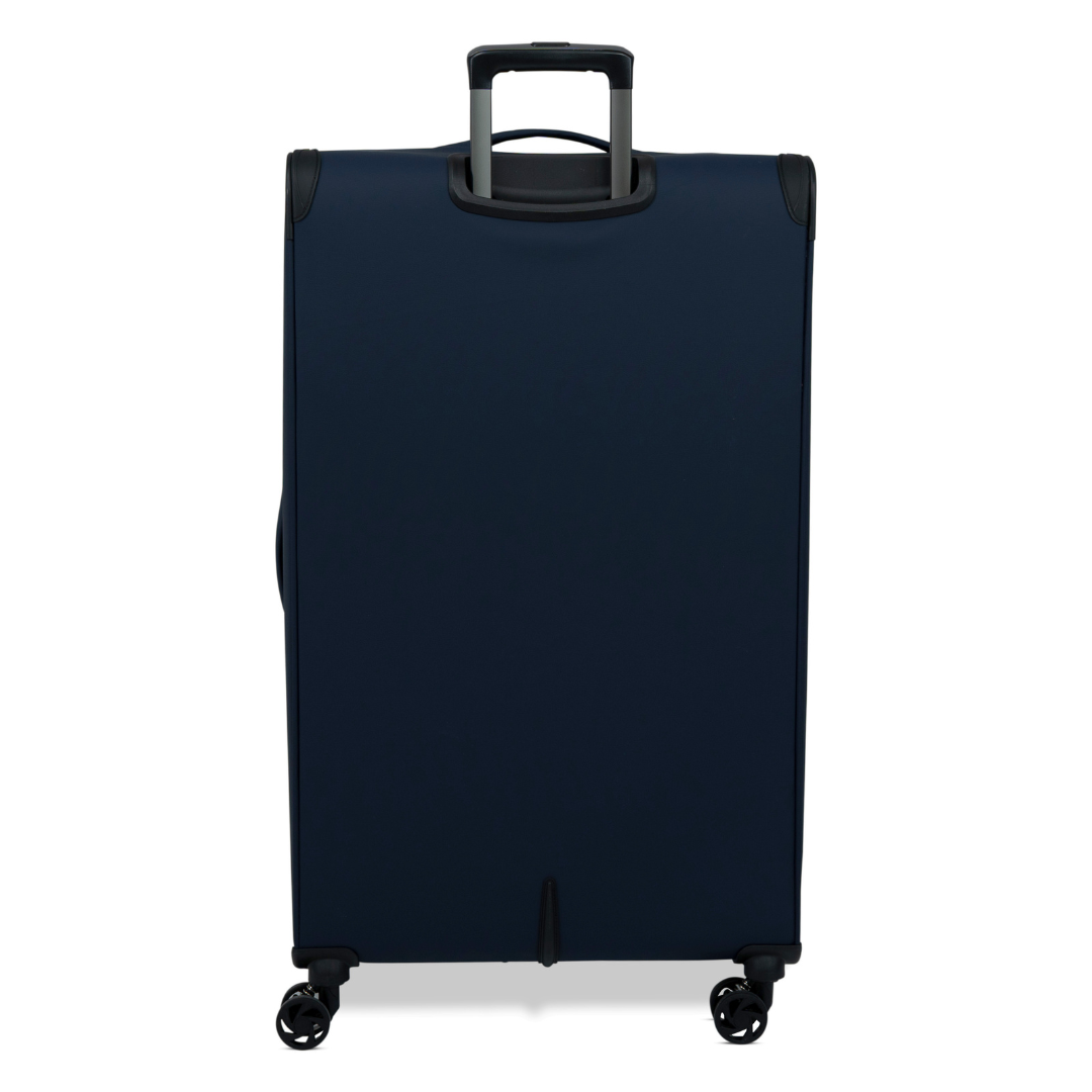 Navy Vitality soft shell extra large suitcase from the back, showing the back panel and trolley handle