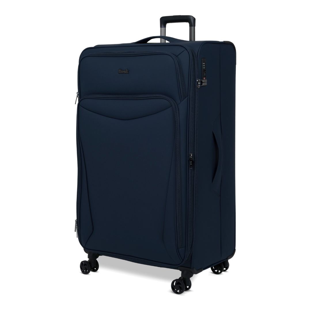 Navy Vitality soft shell extra large suitcase, angled view showing the front pocket and trolley handle