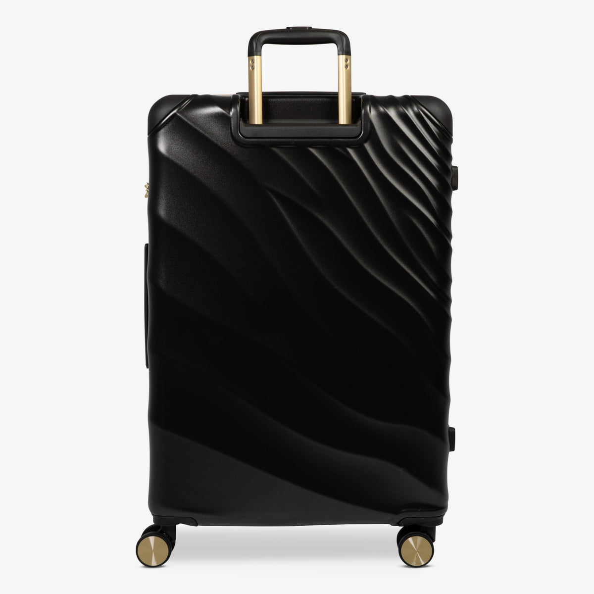 Moonlight Black Sahara large suitcase from the back, showing the trolley handle and back panel