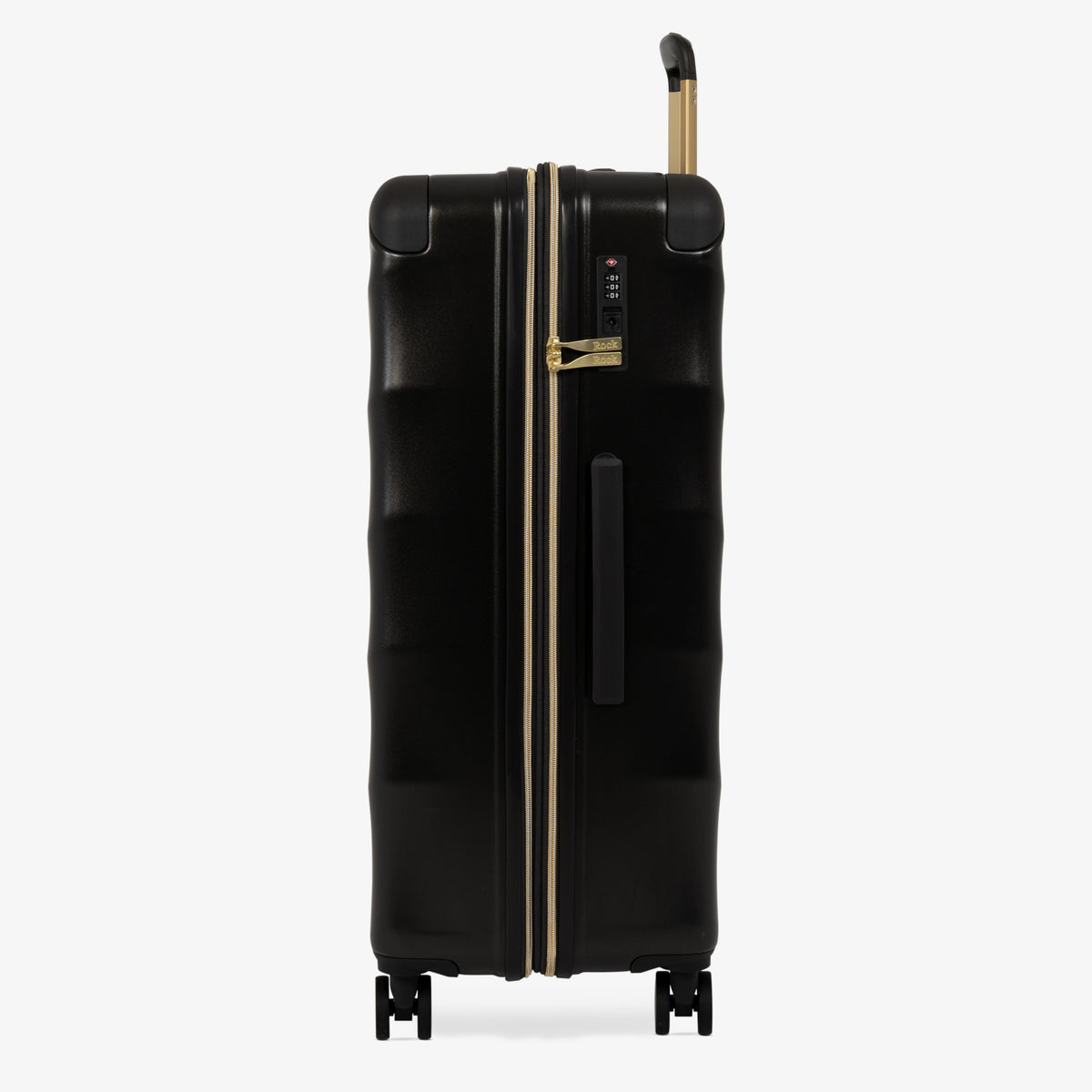 Moonlight Black Sahara large suitcase, side view showing the side handle and reinforced corners