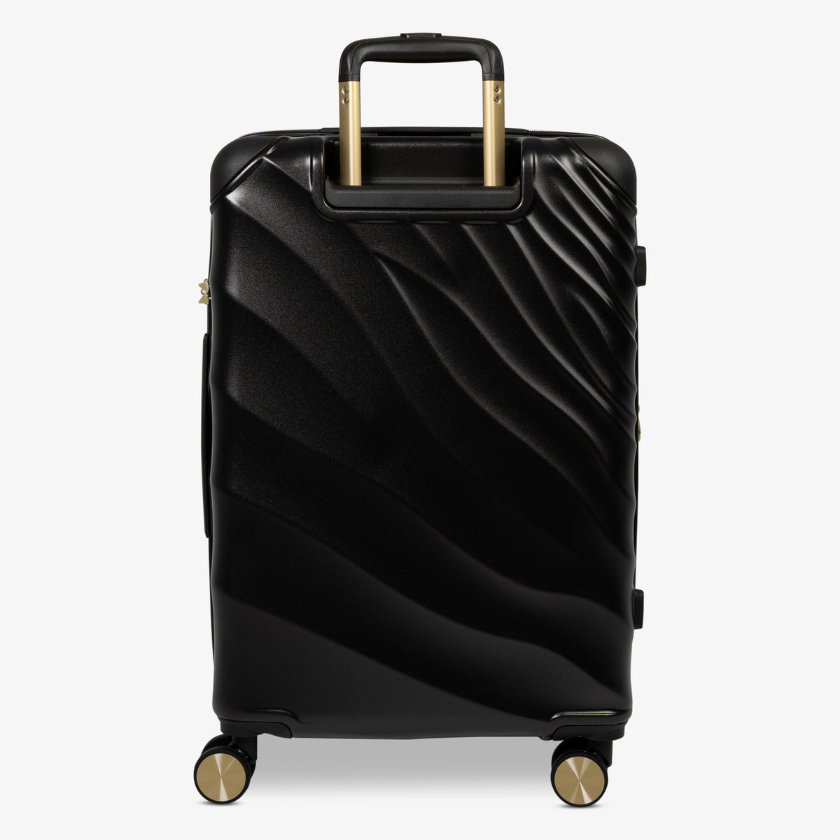 Moonlight Black Sahara medium suitcase from the back, showing the trolley handle and back panel