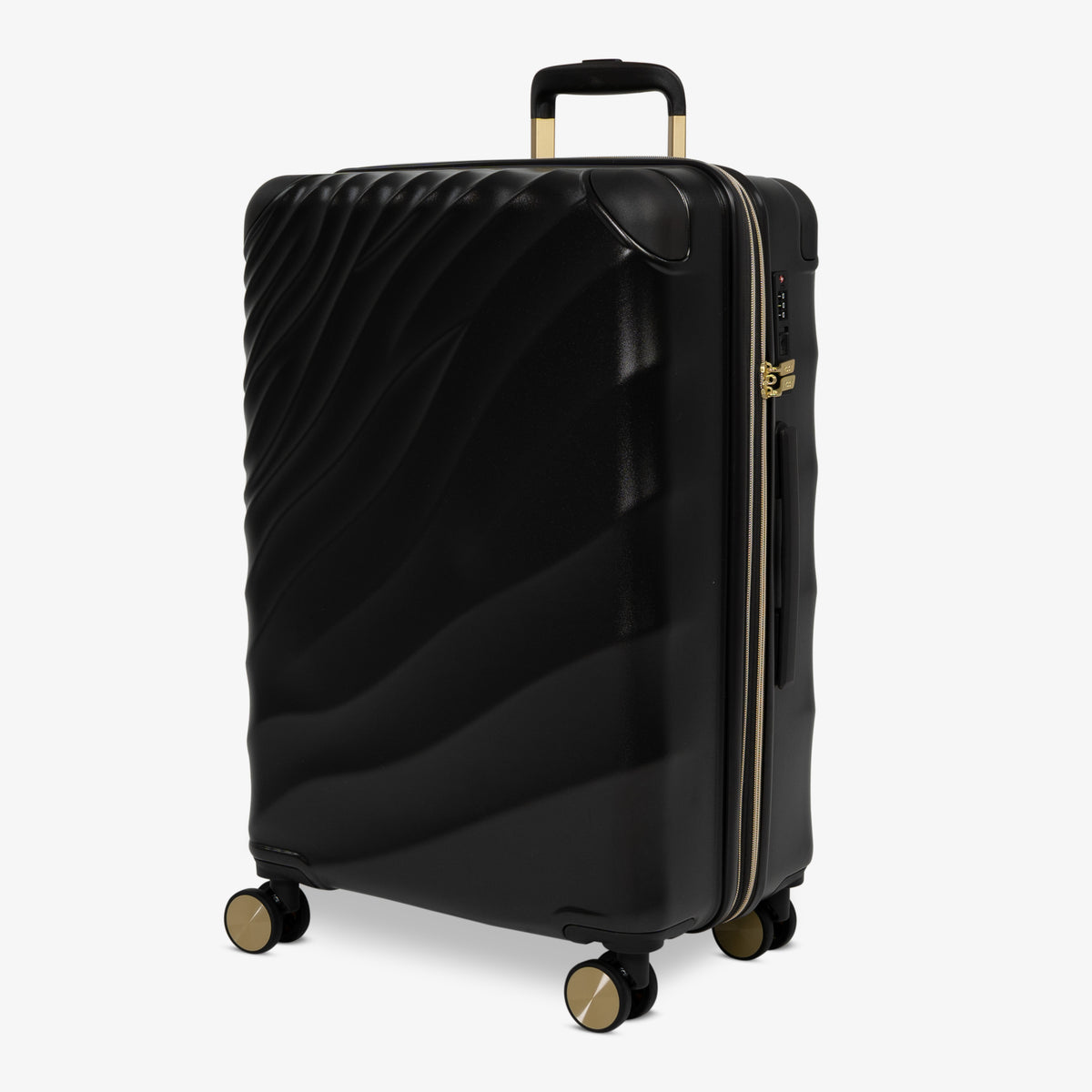 Moonlight Black Sahara medium suitcase, angled view showing the wave-design shell