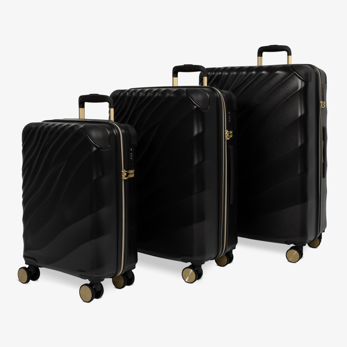 Moonlight Black Sahara suitcase set: cabin, medium and large cases standing together
