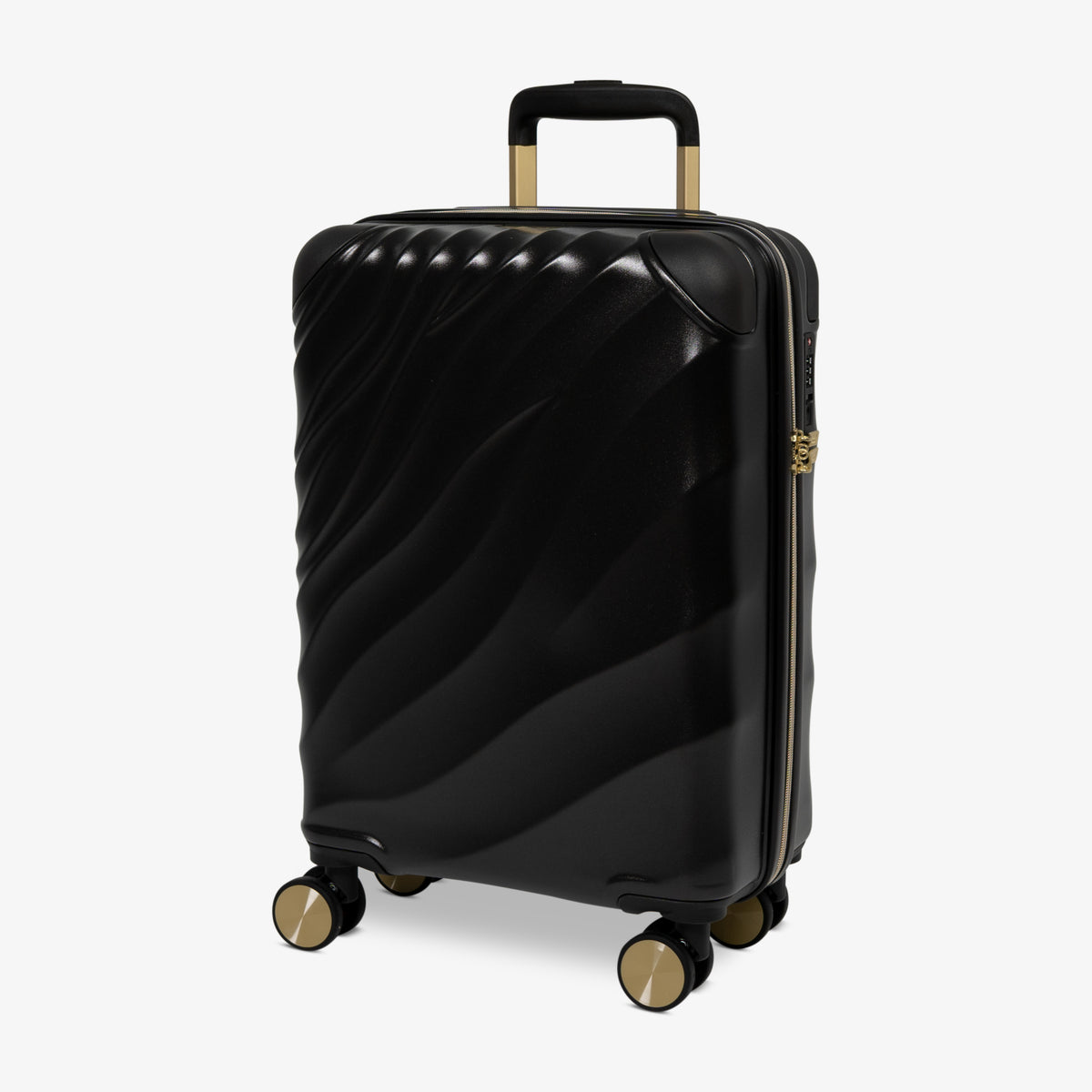 Moonlight Black Sahara cabin suitcase, angled view showing the wave-design shell