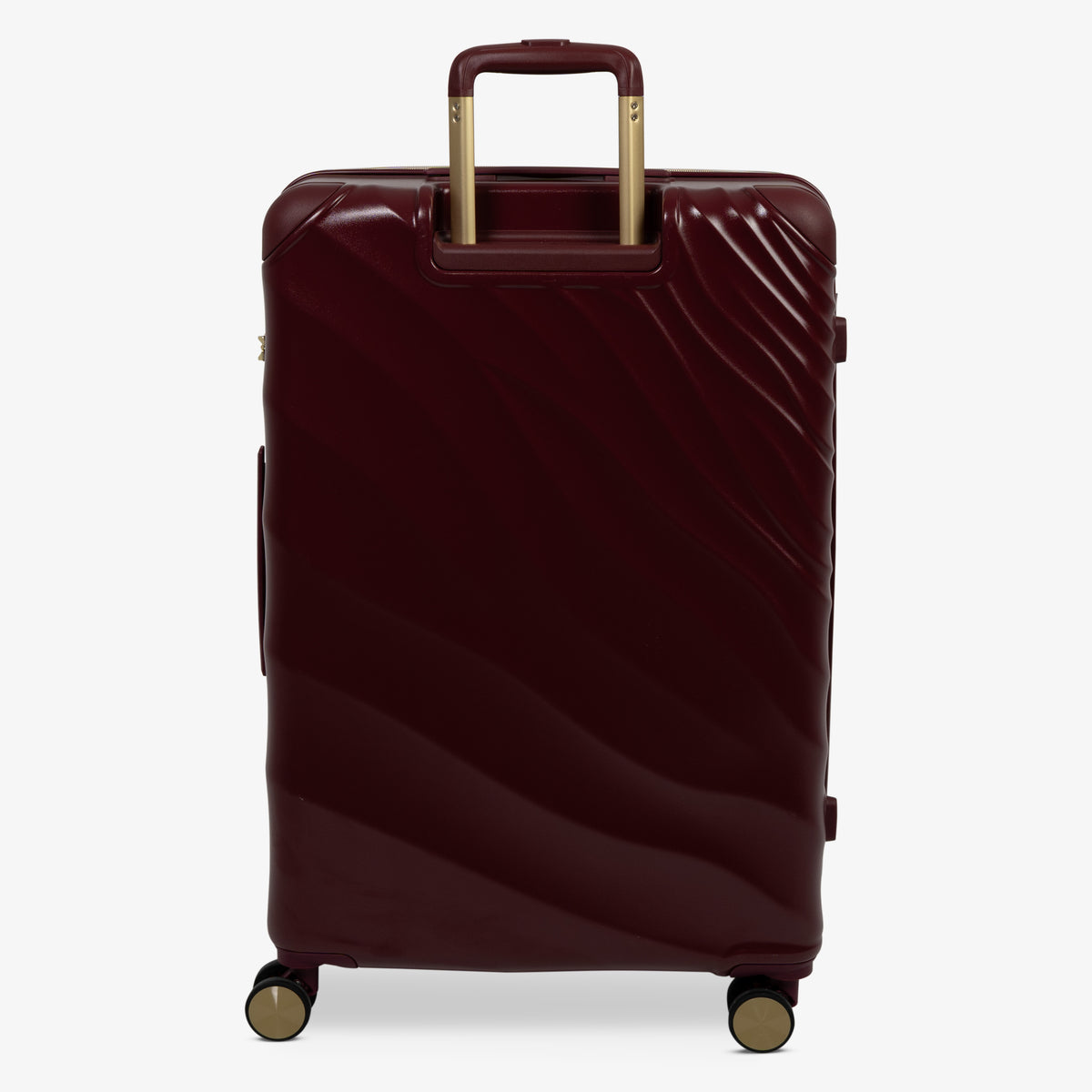 Burgundy Dusk Sahara large suitcase from the back, showing the trolley handle and back panel
