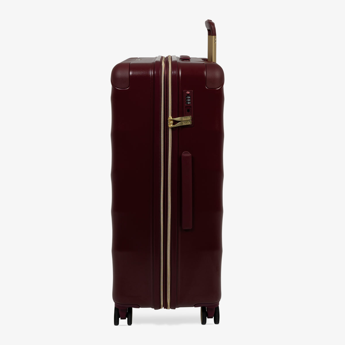 Burgundy Dusk Sahara large suitcase, side view showing the side handle and reinforced corners