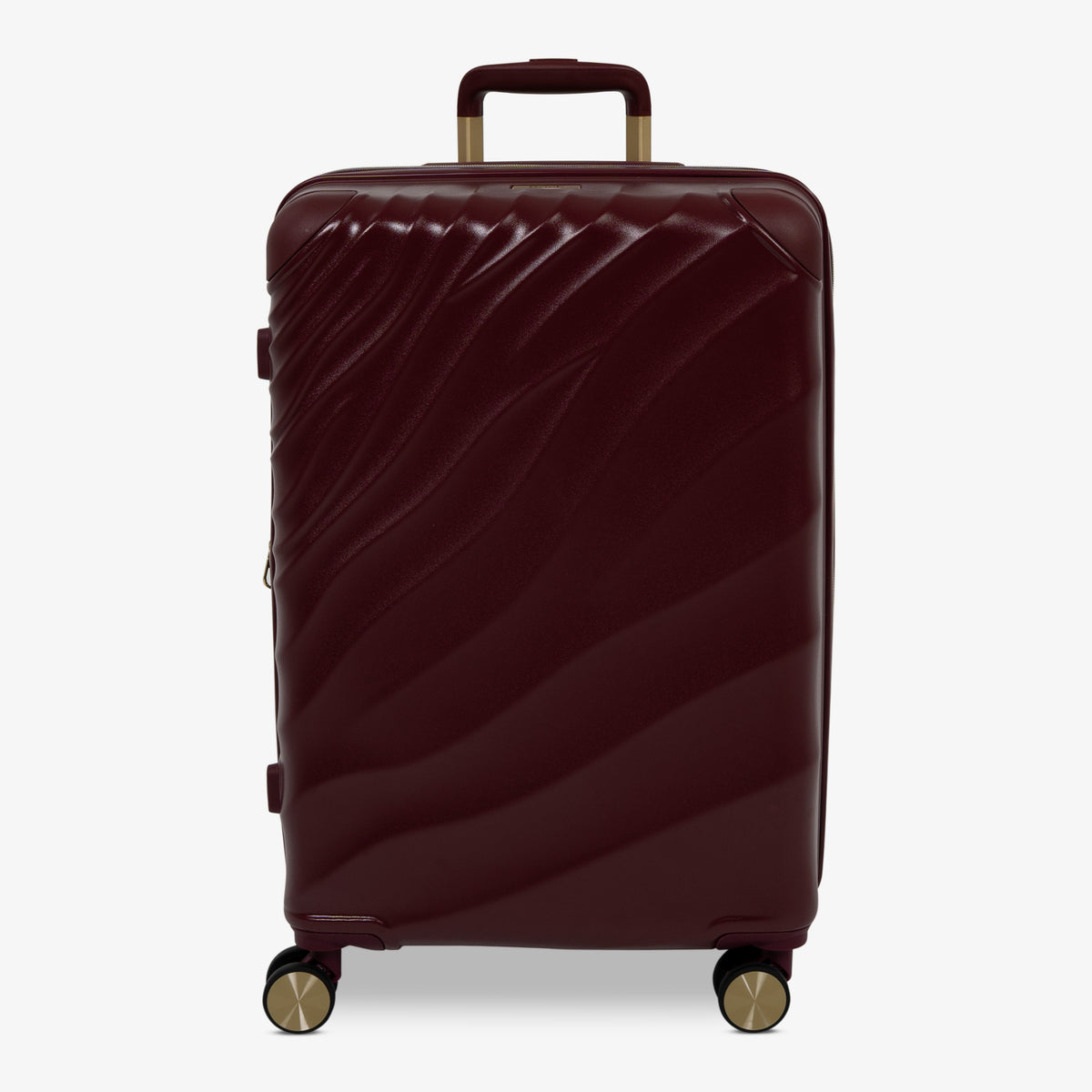 Burgundy Dusk Sahara medium suitcase with a wave-design hard shell and 8 double spinner wheels