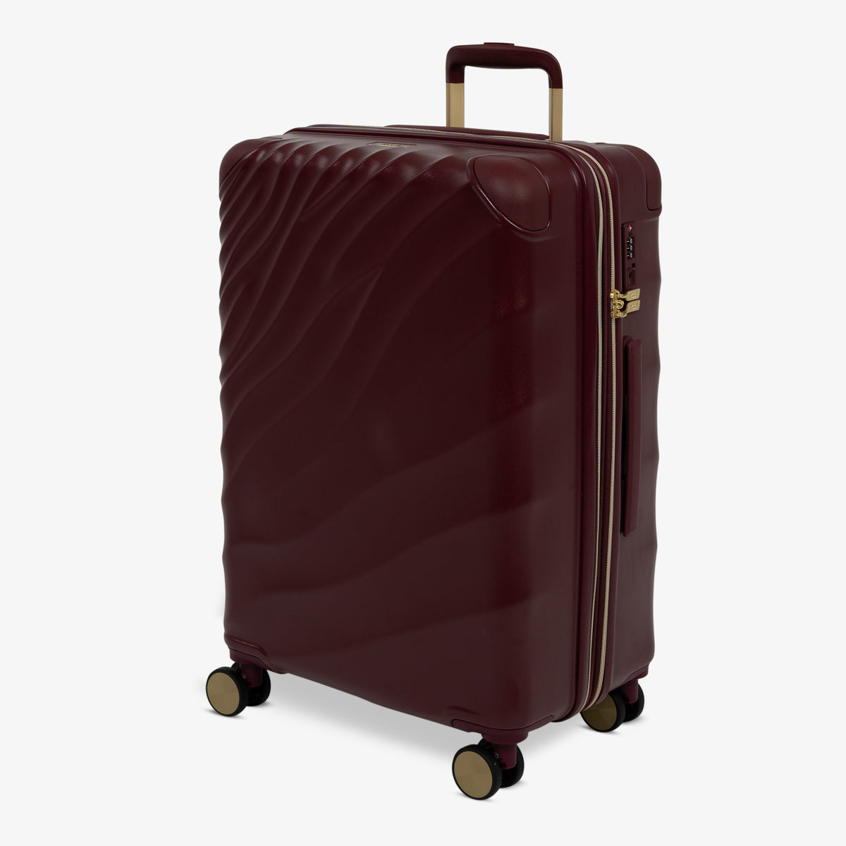 Burgundy Dusk Sahara medium suitcase, angled view showing the wave-design shell