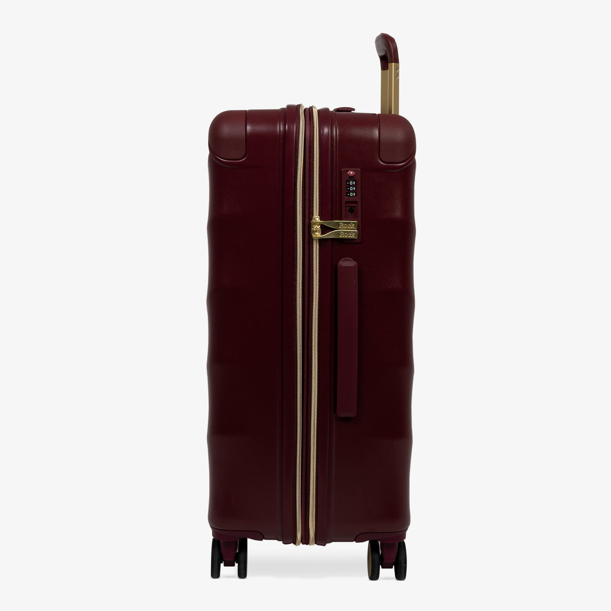Burgundy Dusk Sahara medium suitcase, side view showing the side handle and reinforced corners