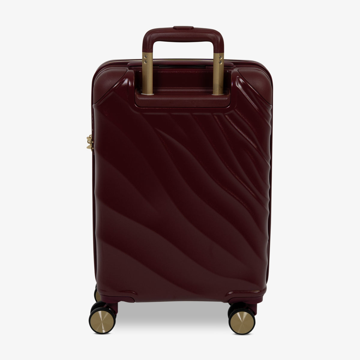 Burgundy Dusk Sahara cabin suitcase from the back, showing the trolley handle and back panel
