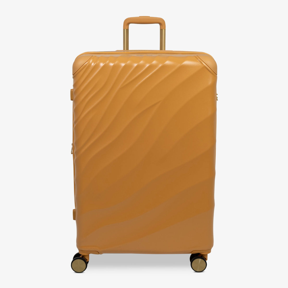 Gold Sunset Sahara large suitcase with a wave-design hard shell and 8 double spinner wheels