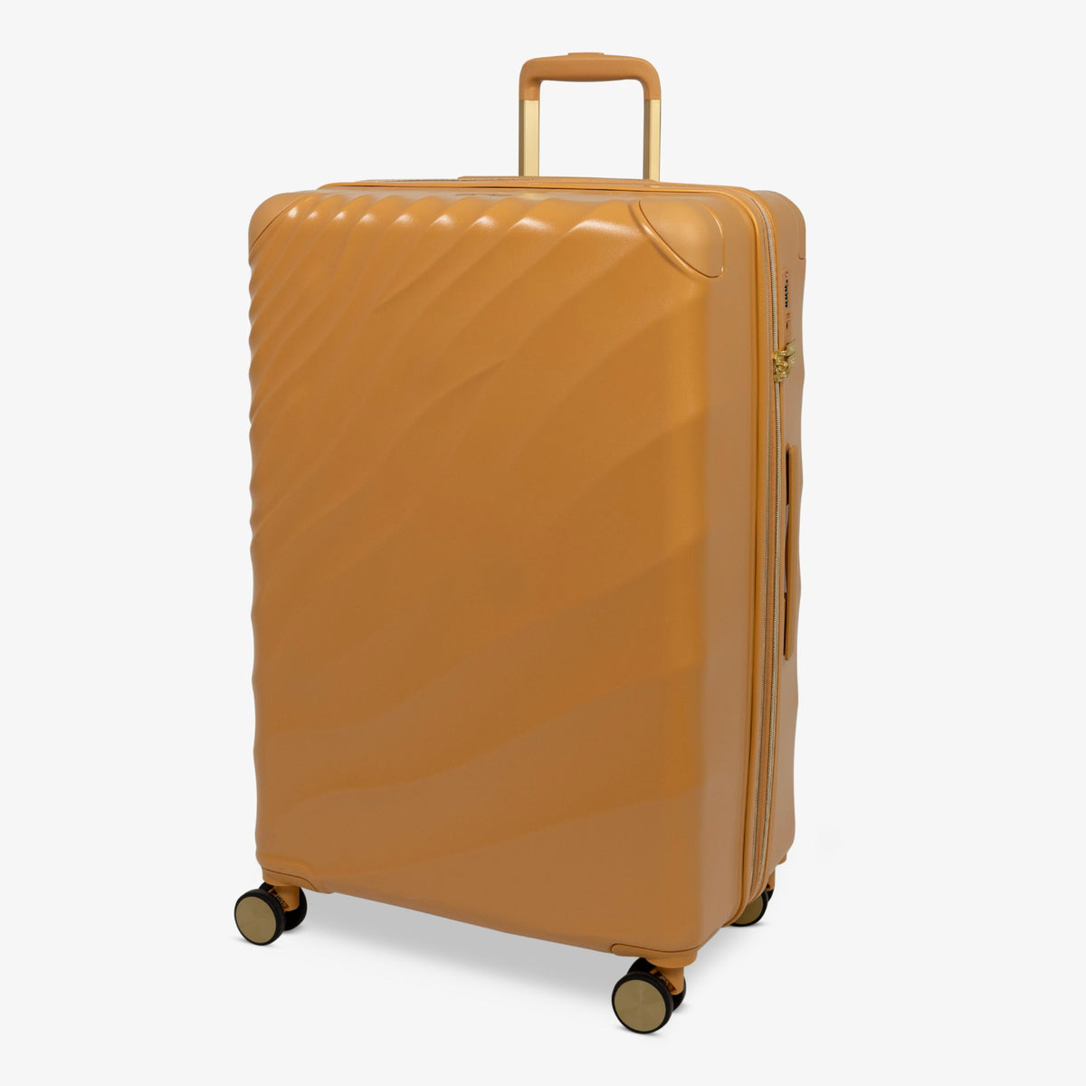 Gold Sunset Sahara large suitcase, angled view showing the wave-design shell