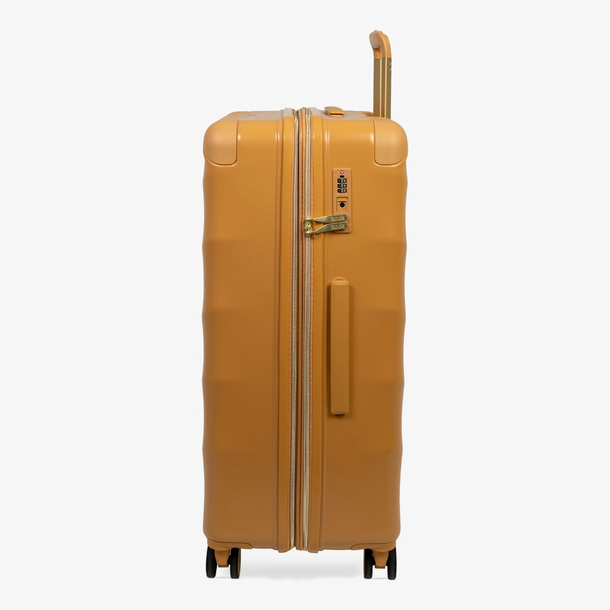 Gold Sunset Sahara large suitcase, side view showing the side handle and reinforced corners